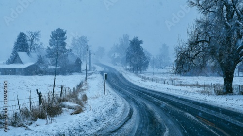 Snowy Country Road in Winter with Blowing Snow, Isolated Trees, and Rural Houses Under Overcast Gray Sky Providing a Serene Yet Cold Landscape Scene