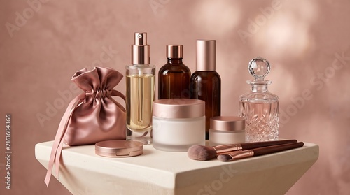 Luxury skincare and makeup products arranged on a pastel pink shelf