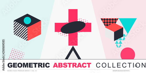 Modern bauhaus style geometric abstract shapes compositional set on transparent background