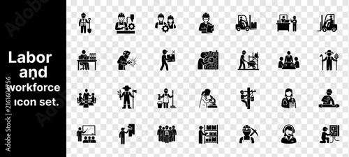 Labor and workforce icon set. with vector symbols for industrial construction, worker safety, manufacturing manpower, and employment  flat design.