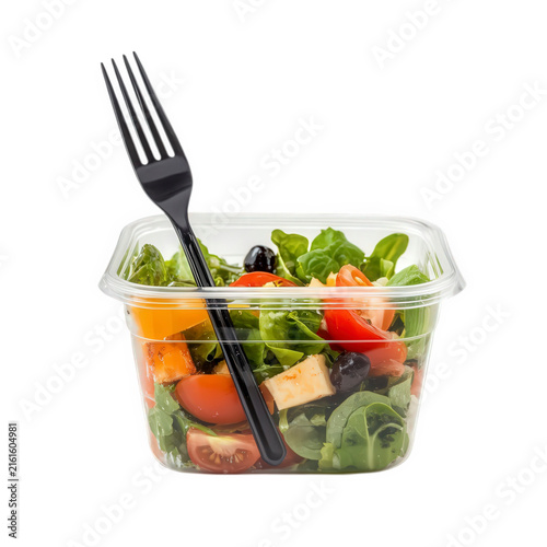Fresh salad in a clear plastic container with a black fork isolated on transparent background