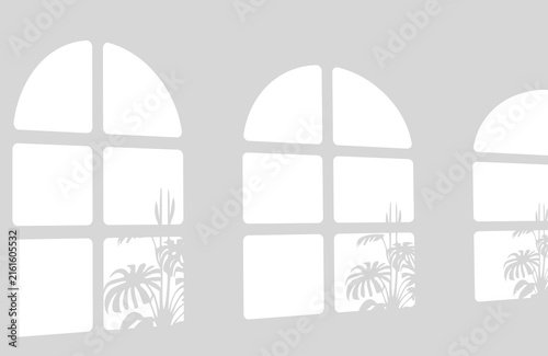 Arched window shadows with tropical plant silhouettes casting on surfaces on transparent background