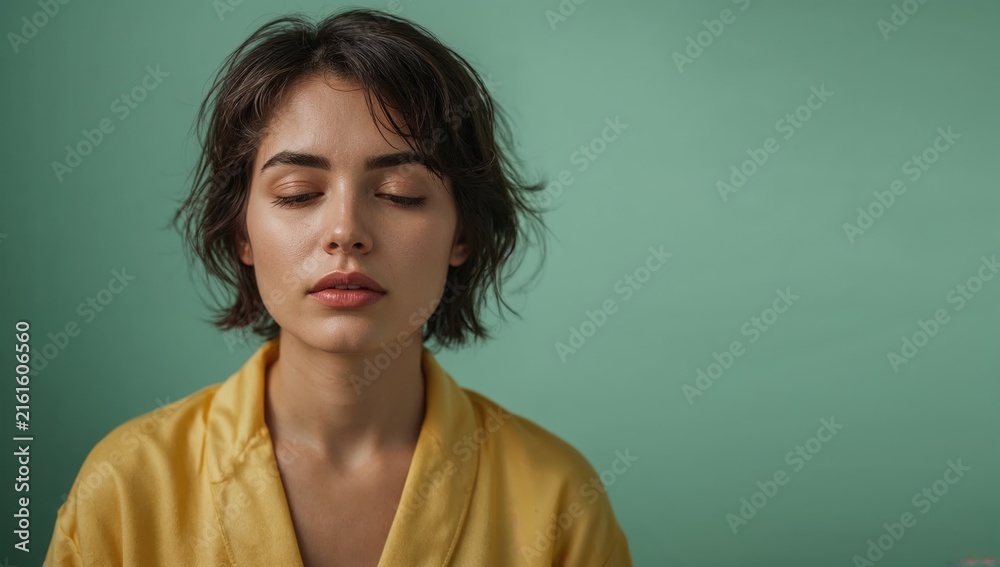 Fototapeta premium Sleepy Woman In Yellow Robe Staring Blankly