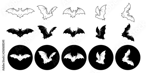 Halloween Bat Icons Collection. Outline, Silhouette and Circle Designs  