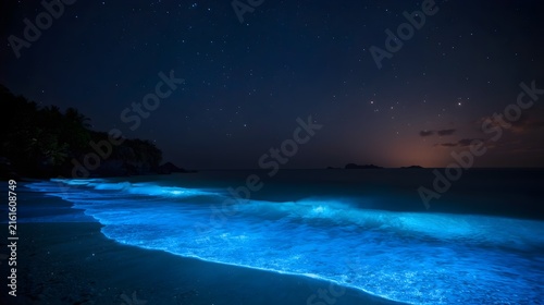 Bioluminescent Plankton Glowing Blue Waves on Tropical Beach Shoreline Under Starry Night Sky