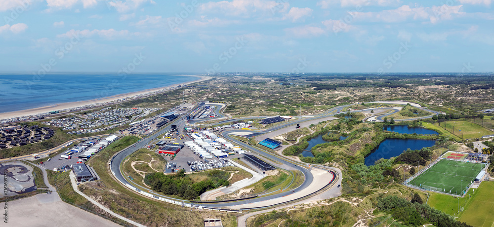 Fototapeta premium Panoramic aerial view of Formula One circuit near the North Sea in Europe