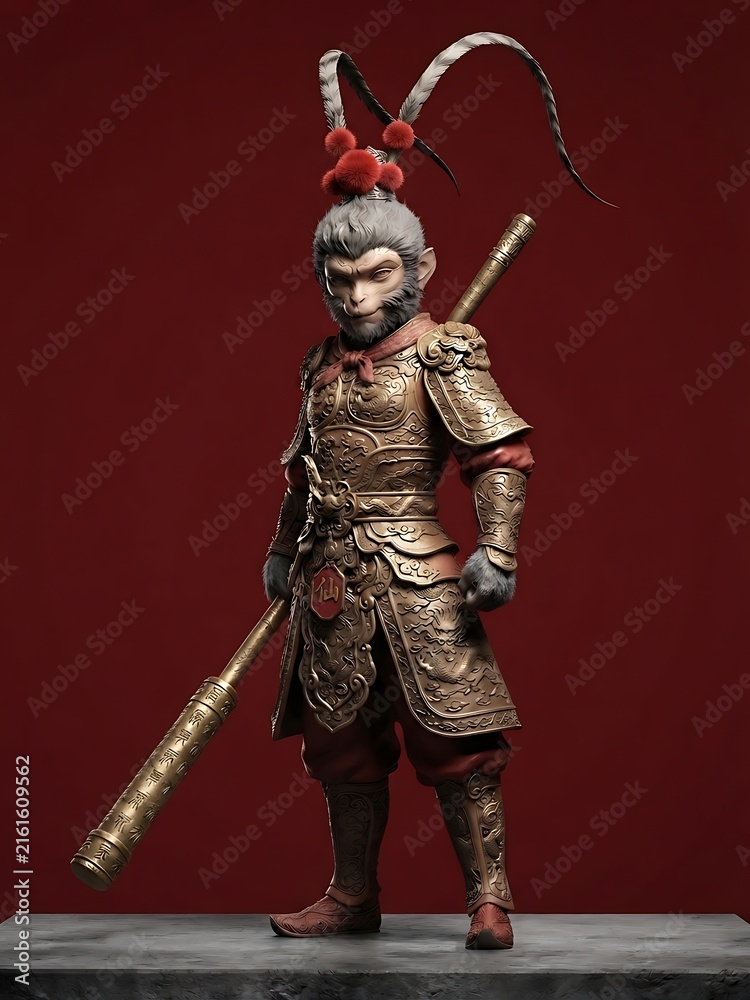 Fototapeta premium 3D Fantasy Armored Monkey Warrior with Staff