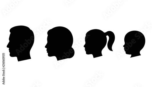 A family portrait consisting of four different human head profiles shown in a minimalist black silhouette