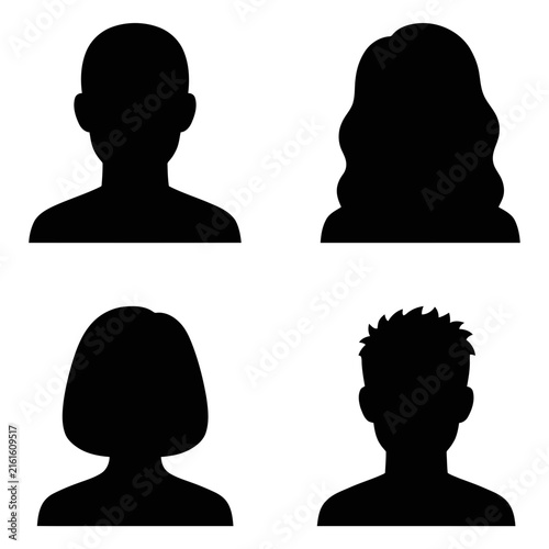 Set of four diverse male and female human head portraits presented in a simple black silhouette