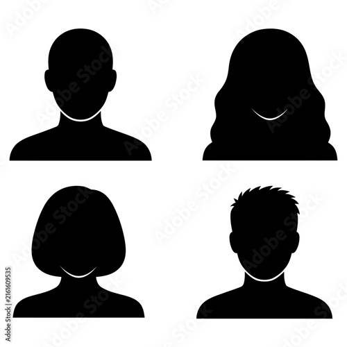 Set of four diverse human head and shoulder icons presented in a clean minimalist black silhouette