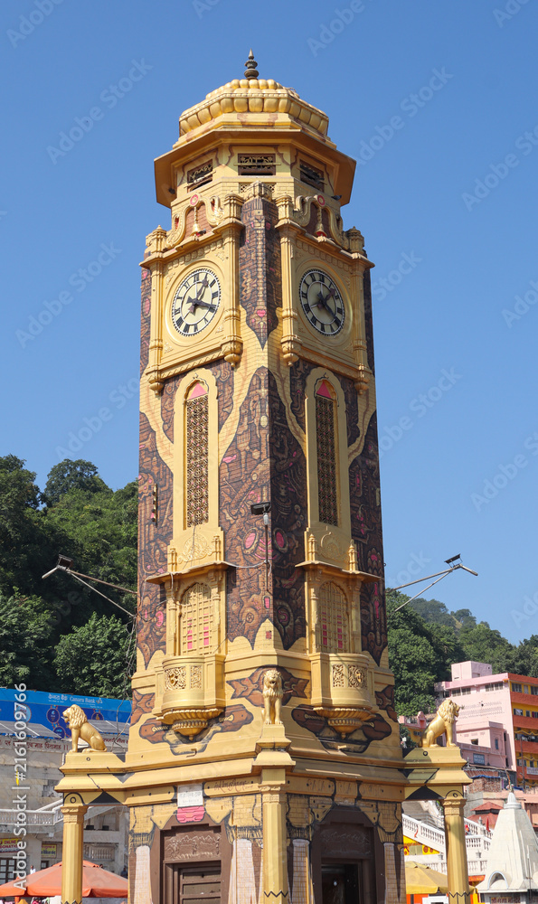 Fototapeta premium Historic Ghat Tower and Riverside Architecture Along the Ganges in Haridwar, India.