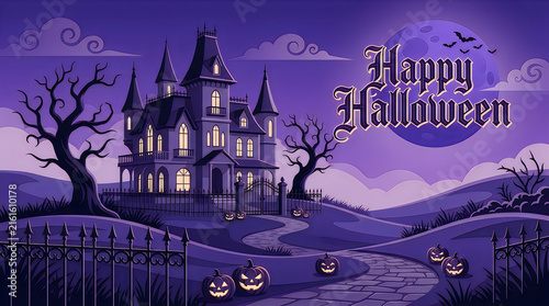 A spooky halloween night scene featuring a dark castle silhouetted against a dramatic purple moonlit sky