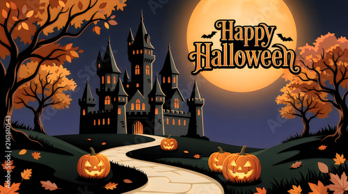 Spooky halloween scene with a dark castle silhouetted against a full moon and glowing jack o lanterns