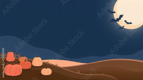 A delightfully spooky halloween night scene with pumpkins silhouetted beautifully against a massive bright full moon and several flying bats