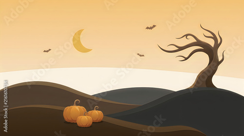 A beautiful autumn landscape features a crescent moon and a silhouetted tree watching over a patch of pumpkins in a tranquil setting