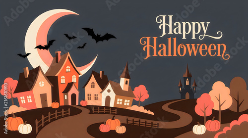 A delightfully spooky halloween night scene shows quaint charming houses and a castle silhouetted against a bright crescent moon in a dark sky