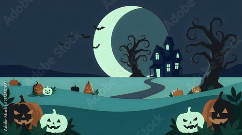 A delightfully spooky halloween night landscape with a bright crescent moon silhouetted bare trees and glowing jack o lanterns scattered about
