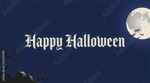 A chilling halloween night illustration with a bright full moon and elegant gothic lettering displaying a seasonal greeting