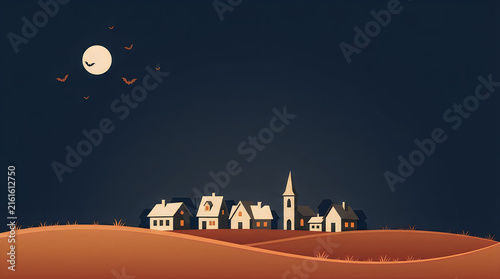 Spooky halloween night scene featuring a dark haunted house silhouetted against a full moon and stars