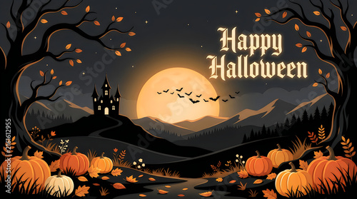 A chilling halloween night features a bright full moon casting silhouettes of bats over a spooky haunted landscape