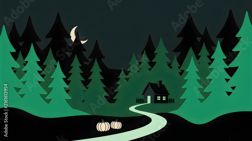 A tranquil nighttime forest scene featuring a winding road leading to a cozy cabin in the woods