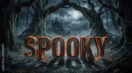 A dramatically spooky forest scene features the word spook in textured letters set against a dark and incredibly ominous stormy sky