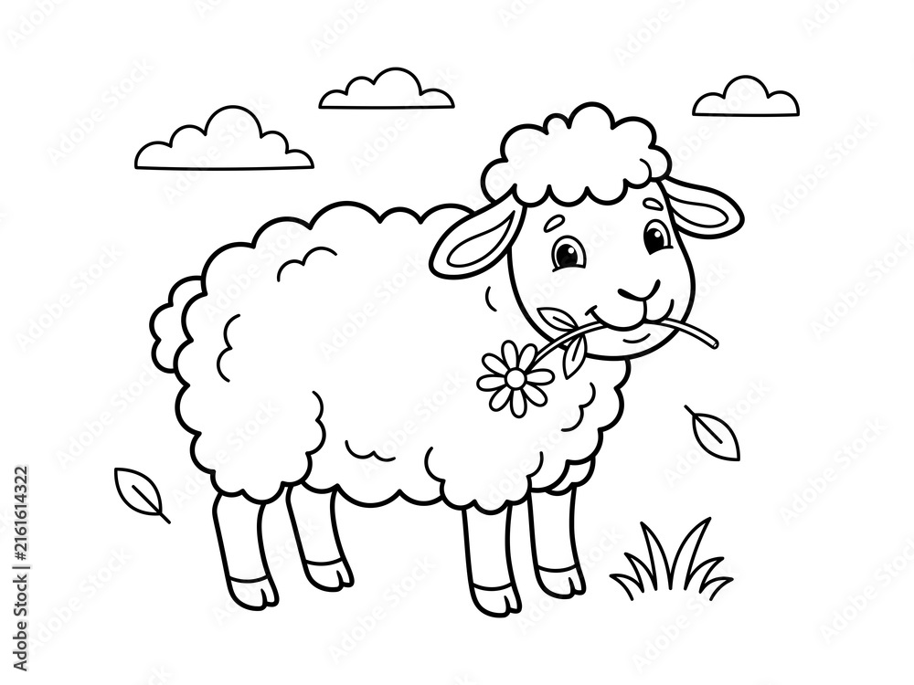 Obraz premium Cute cartoon sheep with flowers in its wool isolated on transparent background