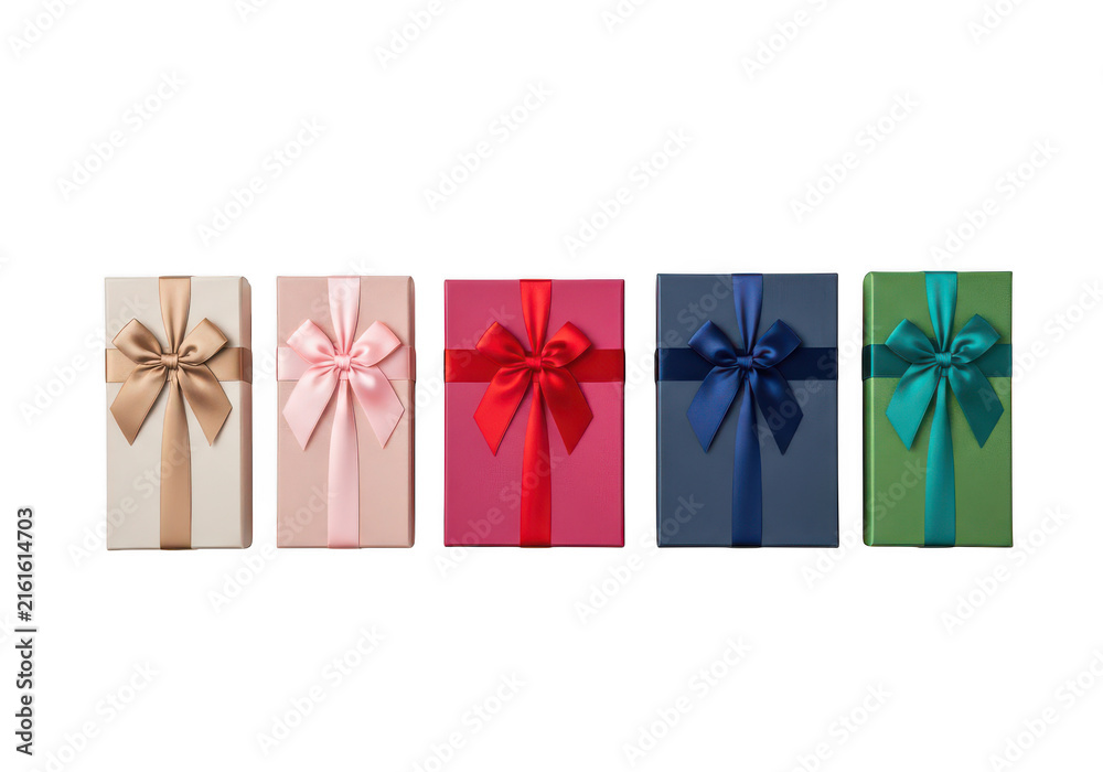 Fototapeta premium Five colorful gift boxes with ribbons isolated on transparent background