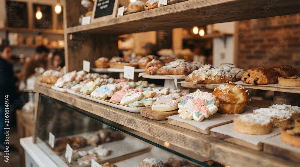 Obraz premium Bakery display shelf filled past in research lab with soft lighting