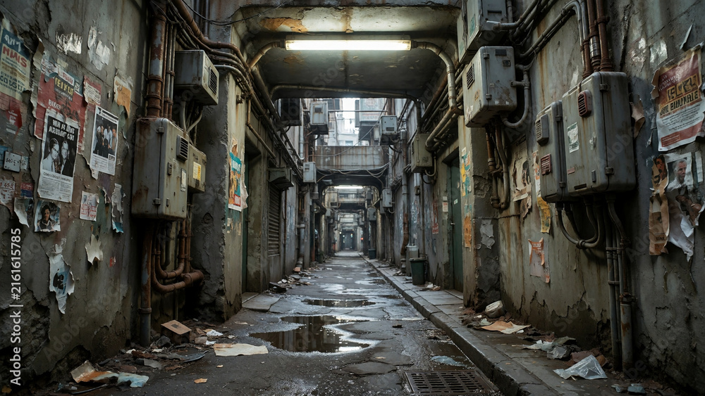 Obraz premium Cyberpunk industrial slum alleyway background