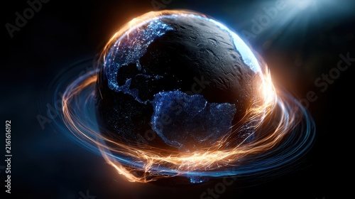 Futuristic digital Earth surrounded by glowing energy trails representing global connectivity, technology, communication and innovation.