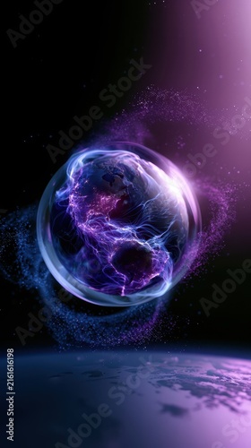 Digital planet Earth surrounded by glowing purple energy and network connections representing global technology, data and communication.