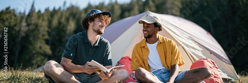 Two friends sitting by tent talking and reading on a sunny campsite for travel banner and lifestyle background