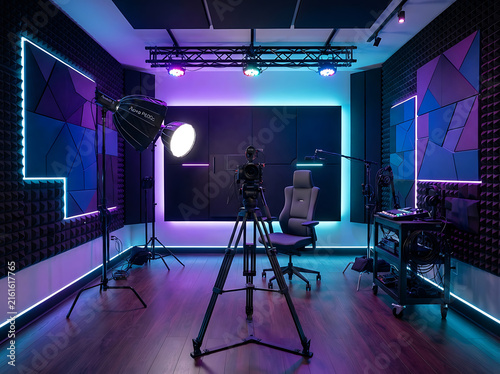 Professional video production studio with camera on tripod and neon lighting setup