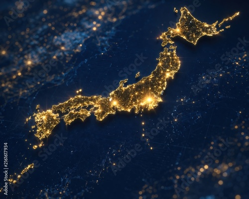 Night view of glowing japan map lights from space on dark background