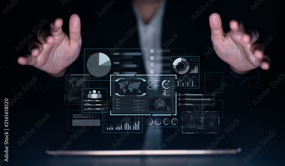 Fototapeta premium A comprehensive business intelligence dashboard for data analysis. The interface displays global metrics, team performance charts, and financial reports for strategic planning. Fermion