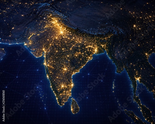India map at night with bright city lights seen from outer space view