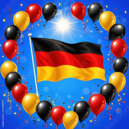 Germany flag with red black and yellow balloons on a blue background