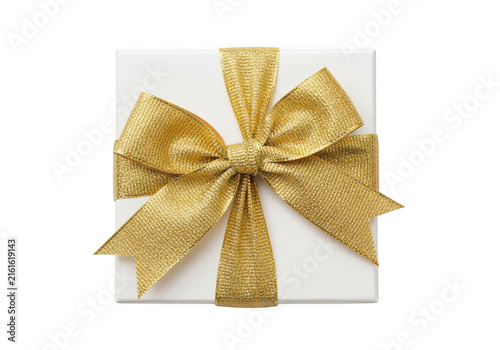 White gift box with gold ribbon isolated on transparent background