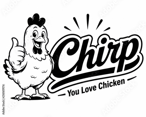 Black and white cartoon chicken mascot with chirp text logo design