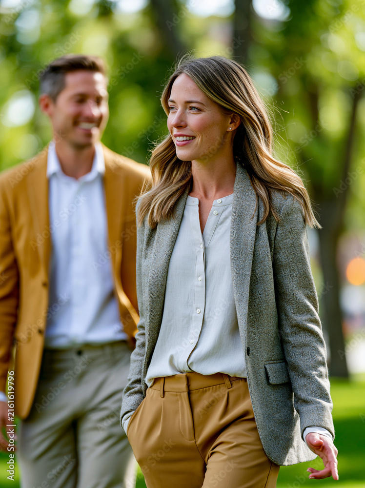 Fototapeta premium Businessfrau lächelt beim Spaziergang im Park, Mann im Hintergrund unscharf, elegante Bürokleidung, für Karrierewerbung.