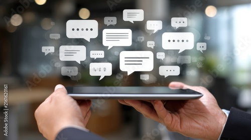Business professional holding digital tablet displaying floating social media communication chat bubble icons above screen with blurred office environment