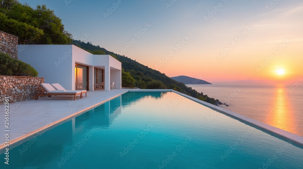 Fototapeta premium Modern villa with infinity pool overlooking a serene ocean sunset, surrounded by hills and lush greenery.