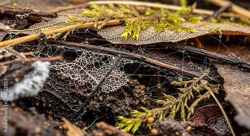 Macro close-up of a spider web in a garden bed with leaves and moss, detritus