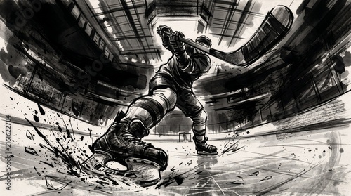 Low angle sketch illustration of an ice hockey player taking a slapshot in an arena