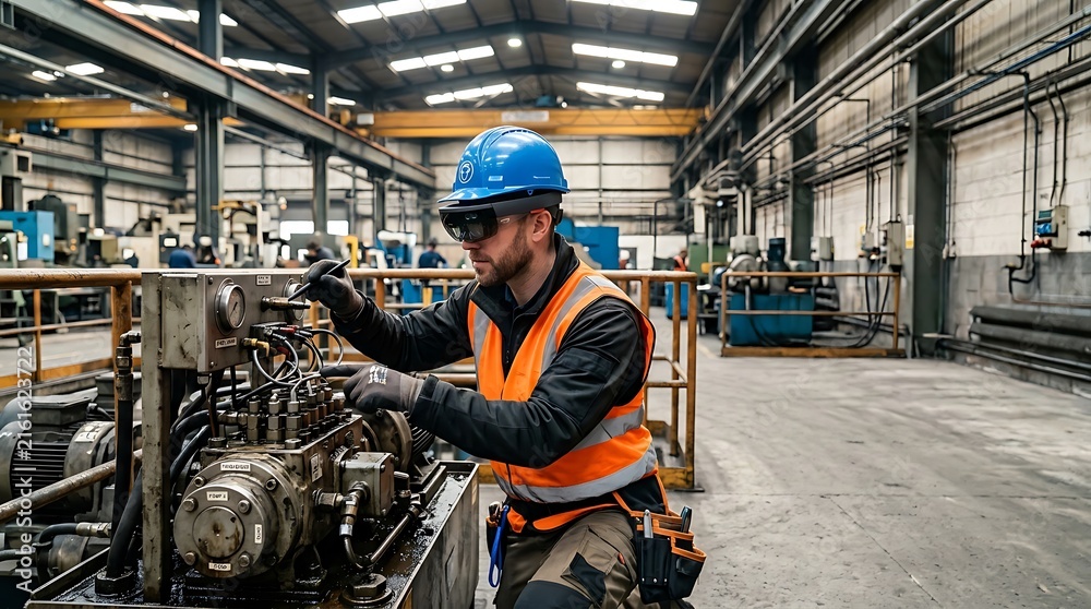 Fototapeta premium Technician uses augmented reality headset for industrial machinery maintenance