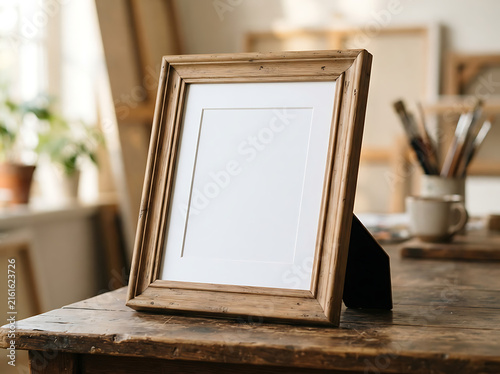 Empty wooden picture frame on a rustic artist workshop table with art supplies background