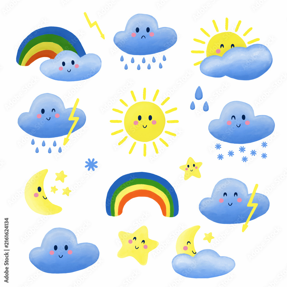 Fototapeta premium Cute weather icons set with cartoon smiling clouds, sun, rainbow, moon, stars. Hand drawn watercolor style forecast elements for children design, stickers, nursery decor and educational materials.