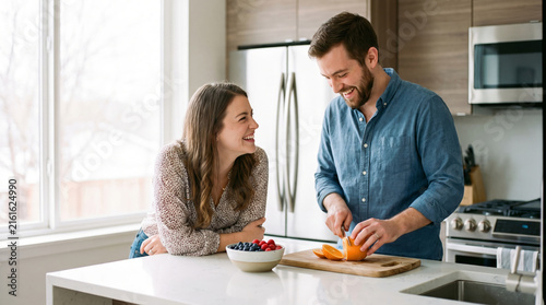 Couple happily preparing healthy food together in a modern kitchen