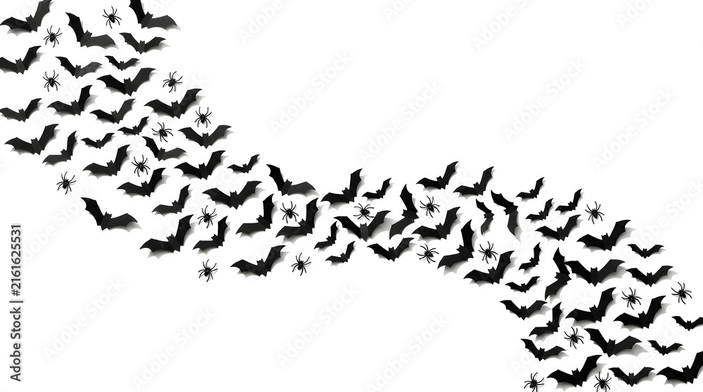 Fototapeta premium Spooky Halloween Bats and Spiders Flying Across White Background